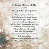 In Memory of your Mama /  Mom or Mother ~ If Roses Grow in Heaven ~ Rose Bouquet with Lace Background Personalized Sympathy Poem Print