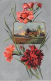 Rural Home Scene & Pretty Pink & Red Carnations on a Silver Background-1909 PC