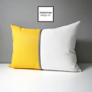 Decorative Yellow & White Outdoor Pillow Cover, Modern Color Block Pillow Cover, Sunflower Yellow, White and Grey Sunbrella Cushion Cover