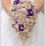 Gold wedding cascade bouquet. Brooch bouquet. Purple bridal bouquet. Full jeweled glamour bouquet.