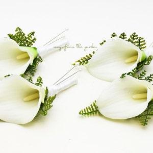 White Real Touch Calla Lily Boutonniere Fern Accents - For Your Groom Groomsmen - Wedding Flower Prom Homecoming Boutonniere