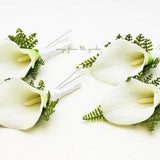 White Real Touch Calla Lily Boutonniere Fern Accents - For Your Groom Groomsmen - Wedding Flower Prom Homecoming Boutonniere