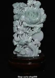 China Natural Jadeite Emerald Carving Fengshui Peony Flower Magpie Bird Statue