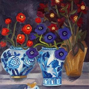 Original oil painting, flower still life "Ranunculus and anemones bouquets in Chinese vases" Easter  gift. Spring flowers.