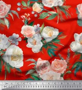 Soimoi Red Velvet Fabric Begonia & Peony Floral Decor Fabric Printed-gov