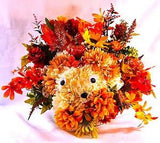 Fall Flower Arrangement, Floppy Ear Carnation Dog with Fall Florals and Pumpkins