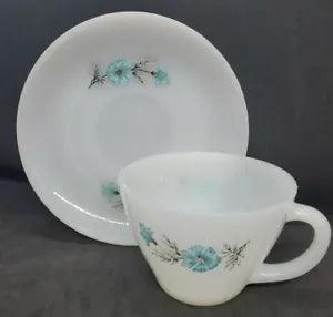 Vintage Fire King Bonnie Blue Carnation Flower Coffee/Tea Cup and Saucer Set