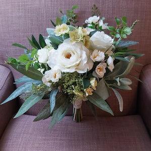 Brides Ivory White Rose, & Ranunculus Silk Wedding Bouquet with Eucalyptus and Lambs Ear Foliage, Artificial Bridal Bouquet