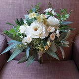 Brides Ivory White Rose, & Ranunculus Silk Wedding Bouquet with Eucalyptus and Lambs Ear Foliage, Artificial Bridal Bouquet