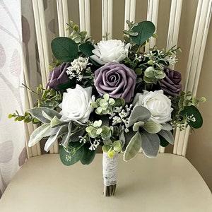 Boho wedding bouquet, dusty purple white roses & greenery bridal bouquet, eucalyptus sage bridesmaid bouquet, corsage, boutonni¡§¡§res