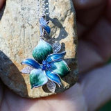 Teal Blue Green Orchid Flower Enameled Pendant Sterling Silver 925 , CLEARANCE , Strength - no chain