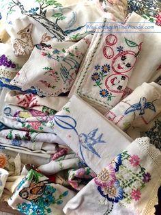 Pretty Vintage Hand Embroidered Linens Cottage Farmhouse Decor or Repurpose Flower Delivery