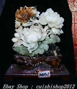 16" China Exquisite Natural Xiu Jade Carve Peony Flower Bird Magpie Statue