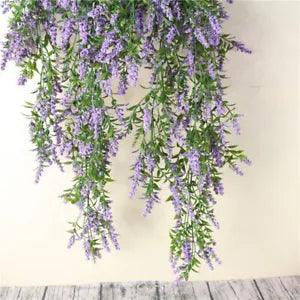 Living Room Lavender Fake Rattan Wall Hanging Plant Basket Plastic Flowers
