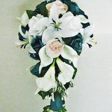 Teal, Blush, White Wedding Bouquet, Dark Turquoise Wedding Bouquet,  Teal Roses Cascade Bouquet, Teal, White, Blush Wedding Bouquet