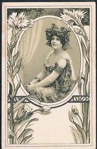 U181 ART NOUVEAU BEAUTIFUL LADY HEAD Ornaments FLOWERS CARNATIONS Fine LITHO