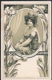 U181 ART NOUVEAU BEAUTIFUL LADY HEAD Ornaments FLOWERS CARNATIONS Fine LITHO