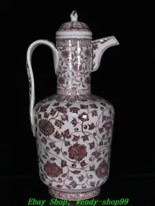 Old China Ming Xuande Year Red Glaze Porcelain Peony Flower Wine Tea Pot Flagon