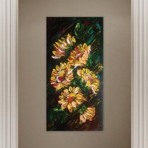 Painting of Sunflowers. Abstract floral acrylic artwork. Original palette knife art on 12x24 inch canvas. Flowers on a textured wall hanging