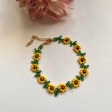 Sunflower seed bead anklet yellow green glass womens boho anklet floral