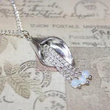 Long silver necklace with Calla lily & Opalite beaded tassel pendant