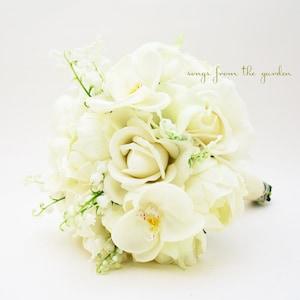 Real Touch Bridal or Bridesmaid Bouquet Lily of the Valley Peonies Orchid Roses Calla Lilies - add a Groom Groomsman Boutonniere and More!