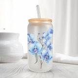 Bouquet of Blue Orchids Frosted Glass Can with Bamboo Lid 16 Oz Floral Libbey Glass Cup by Mugzan