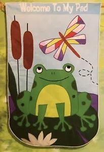 FROG GARDEN POND LAKE LILY PAD FLOWER CATTAIL DRAGONFLY APPLIQUE LARGE YARD FLAG
