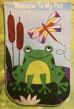 FROG GARDEN POND LAKE LILY PAD FLOWER CATTAIL DRAGONFLY APPLIQUE LARGE YARD FLAG