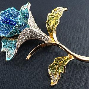 Pretty Blue Orchid Brooch, Large Blue Flower Pin, Pave Rhinestone Flower Brooch, Vintage Botanical Plant Jewelry