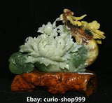 15" Rare Natural Xiu Jade Hand Carving Fengshui Peony Flower Phoenix Bird Statue