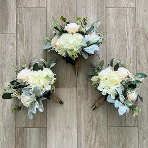 Boho bridesmaid bouquets, premium champagne roses, ivory hydrangea& greenery bridal bouquet, peach cream, eucalyptus sage wedding flowers