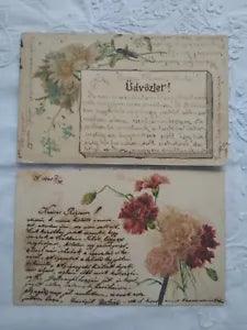 2 pcs Art Nouveau glittered postcards, flowers, greetings, carnation 1900