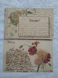 2 pcs Art Nouveau glittered postcards, flowers, greetings, carnation 1900