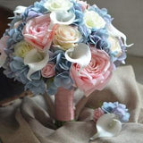 Dusty Blue Blush Bridal Bouquets Real Touch Roses Hydrangeas Calla Lilies Wedding Bouquets