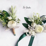 Faux Olive Leaf Ranunculus Wedding Silk Boutonniere Wrist Corsage Set Rustic Silk Fake Boutineer Wristlet Flocked Rosemary Greenery Ivory
