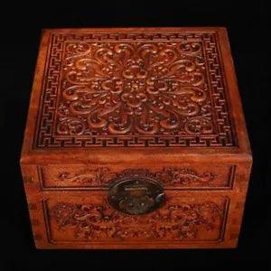 11" China Huali Wood Flower peony Wooden Decor Jewelry Organizer Box VintageBox