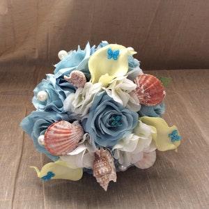 Blue Wedding Bouquet, Bridal Bouquet, Wedding Flowers, Beach Bridal Bouquet, Seashell Bridal Bouquet, Boutonniere, Calla Lily Bouquet
