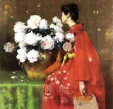 Art Oil painting William Merritt Chase - Peonies Young woman seated & flowers