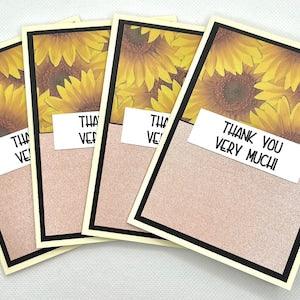 Pack of 4 Sunflower Thank You Cards, Cute Handmade Set of Blank A1 Greeting Cards, Pretty Homemade Bulk Appreciation Note Cards, Handcrafted