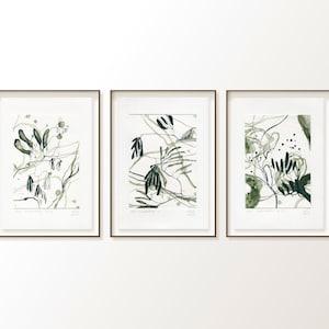 3 ORIGINAL Artworks Botanical Watercolor Paintings, Olive Green Wall Art, Contemporary Art, Small Paintings, Set of 3 Piece Botanical Art