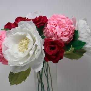 Paper flower bouquet with handmade pink hydrangeas, white peonies and red roses