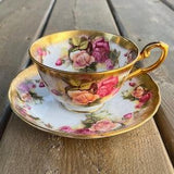 Vintage Royal Chelsea Wedgwood Group Heavy Gold Golden Rose Pattern Fine Bone China Teacup Cup and Saucer Set Made in England