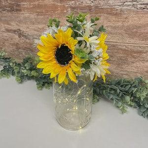 Sunflower Mason Jar Table Decor | Wedding Centerpiece | Fairy Lights | Event Table Decorations | Bridal Shower |Farmhouse Floral Arrangement