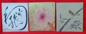 Japanese watercolor"Peony flower", other 2 sheets and one frame #2125
