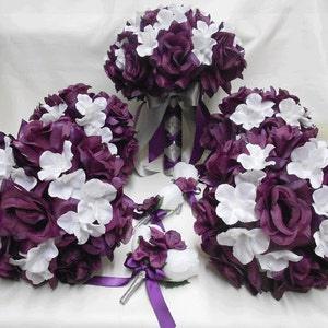 Wedding Silk Flower Bridal Bouquets 18 Pieces package Plum Eggplant Purple White Roses Toss Bridesmaids  Boutonnieres Corsages New