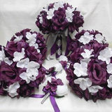 Wedding Silk Flower Bridal Bouquets 18 Pieces package Plum Eggplant Purple White Roses Toss Bridesmaids  Boutonnieres Corsages New