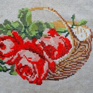 Vintage Embroidery basket of flowers, Vintage Embroidery Flowers bouquet roses, Christmas Gift