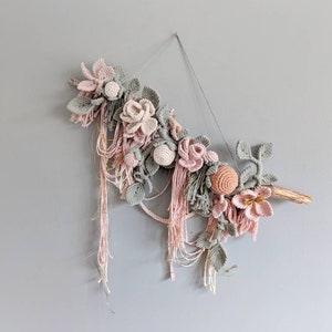 Macrame Sculptural Floral Bohemian Wall Hanging Tapestry, 3D Macrame Boho Wedding Decor, Pastel Pink, green, gold flowers and leaves art