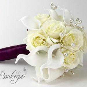 CHOOSE RIBBON COLOR - White Calla Lily and Ivory Rose Bouquet, Pearls, Calla Lily Bridal Bouquet, Real Touch Bouquet, Ivory Wedding Bouquet